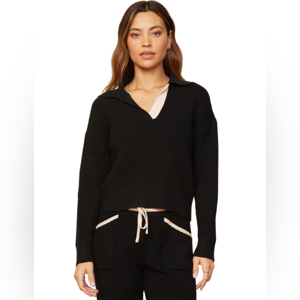 Monrow Supersoft Knit Waffle Polo in Black